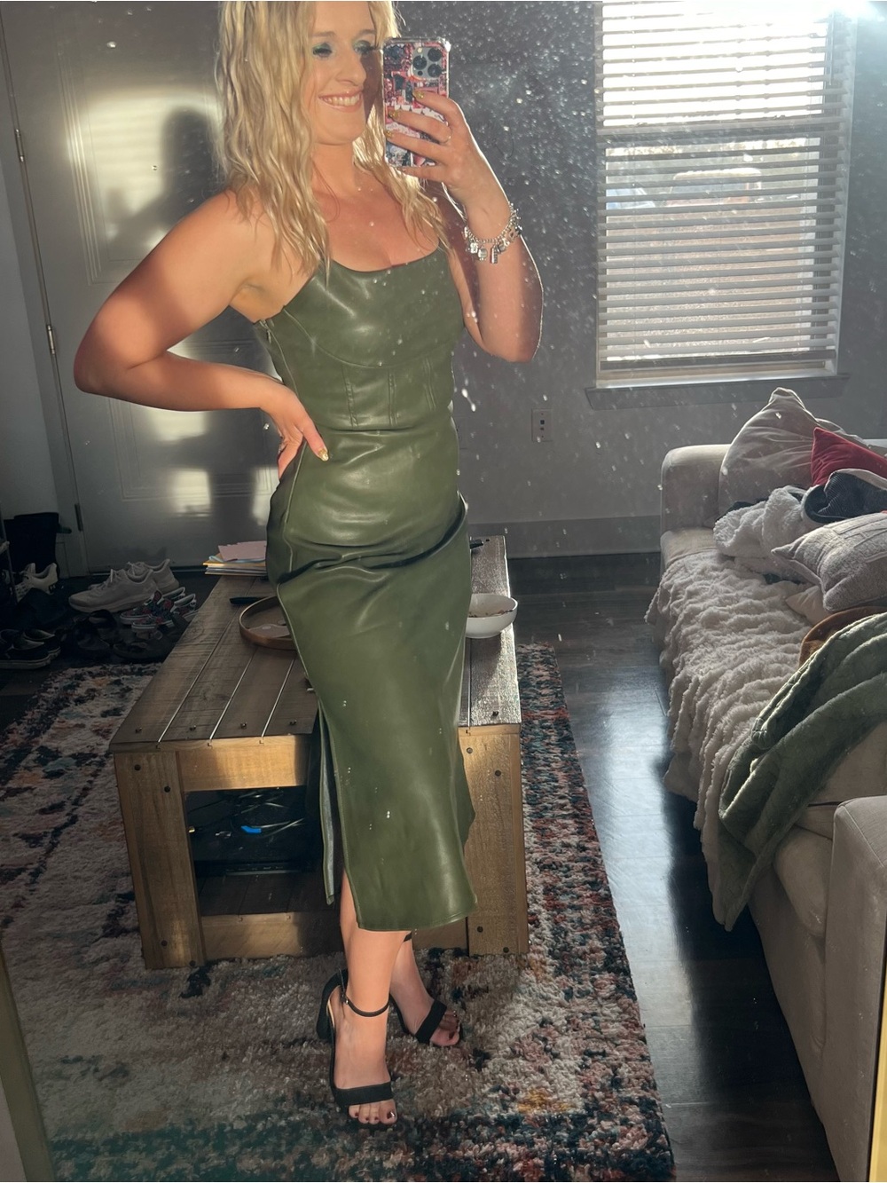 Olive Green Faux Leather Maxi Slip Dress with Spaghetti Straps